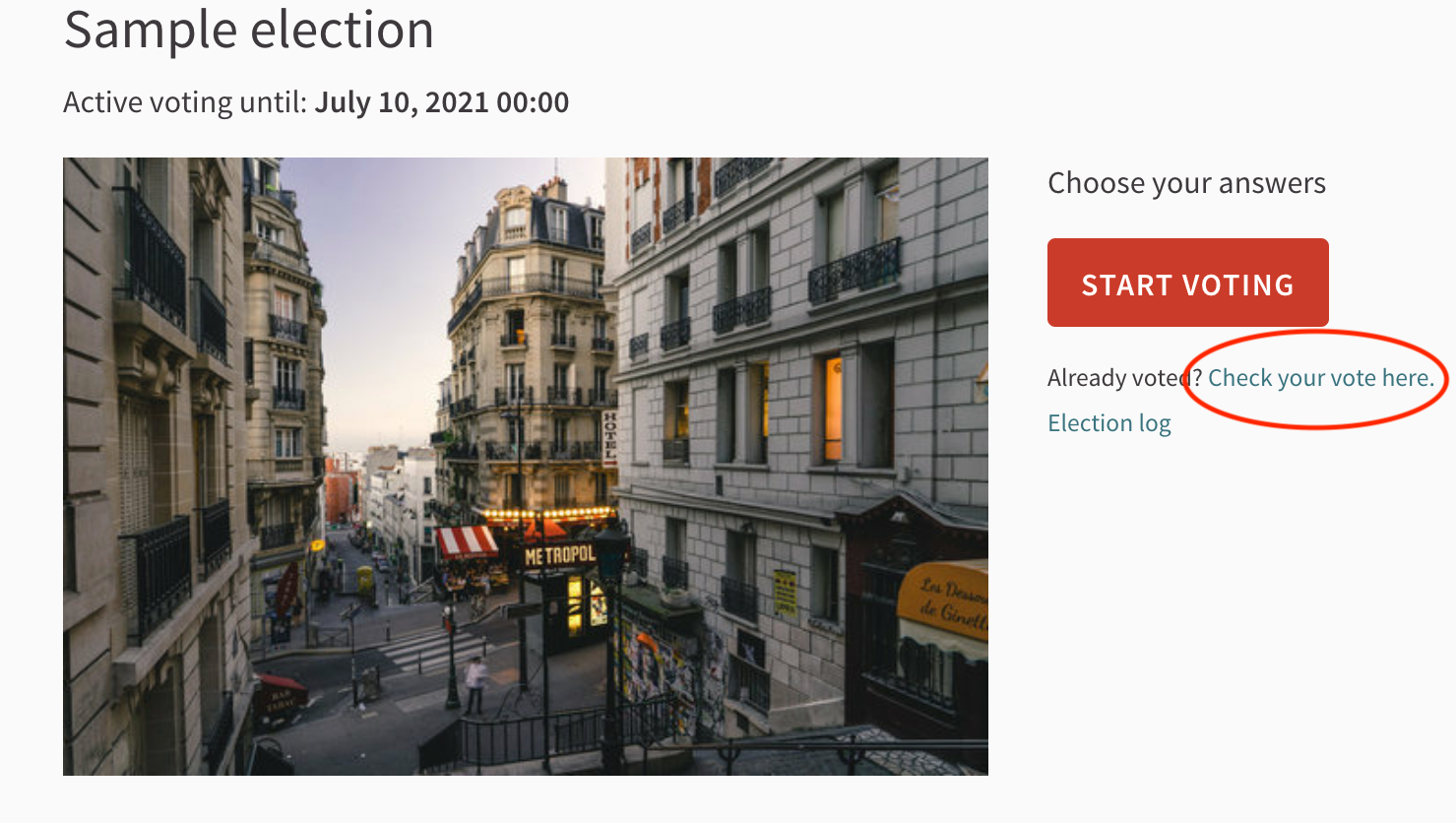 The voter can access the ballot verification page from the election landing page.